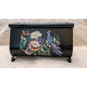 Vintage Metal Magazine Rack Hand Painted Peacock Floral Folk Art Black Toleware